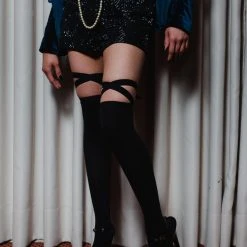 Rolling Over The Knee Ribbon Socks - Black (3 Sizes Available) Accessories