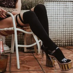 Rolling Over The Knee Ribbon Socks - Black (3 Sizes Available) Accessories
