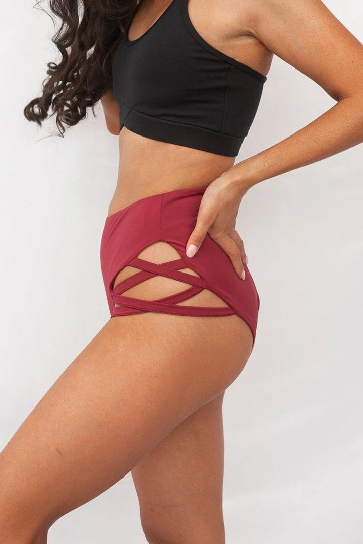 Lunalae High Waist Cross Section Shorts - Wine 2 Lunalae High Waist Cross Section Shorts - Wine