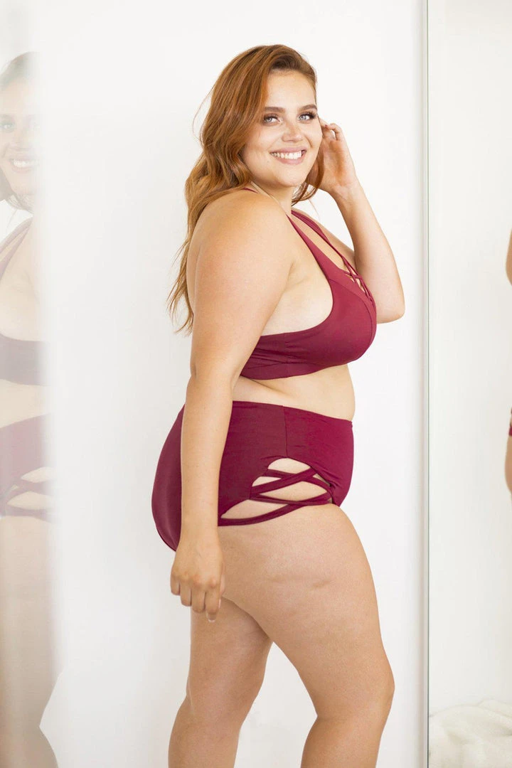 Lunalae High Waist Cross Section Shorts - Wine 4 Lunalae High Waist Cross Section Shorts - Wine