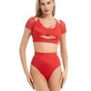 Tops Hamade Activewear Mesh Hollow Front Crop Top - Red