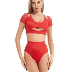 Tops Hamade Activewear Mesh Hollow Front Crop Top - Red