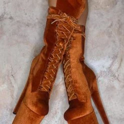 Hella Heels BabyDoll Velvet 8inch Boots - Brandy