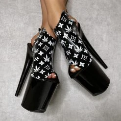 Hella Heels Branded Shield 8inch Stilettos - Black/Black Shoes