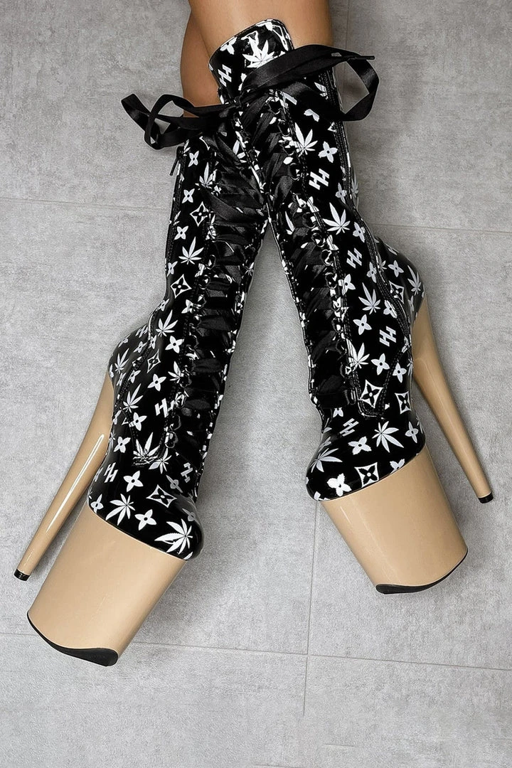 Hella Heels Branded 8inch Boots - Black/Sand Shoes 8 Hella Heels Branded 8inch Boots - Black/Sand Shoes