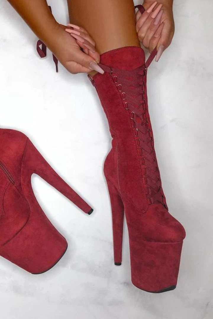 Hella Heels High BabyDoll 8inch Boots - Dark Red 2 Hella Heels High BabyDoll 8inch Boots - Dark Red