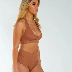 New In AMBR Designs Waffle High Waist Shorts - Sand