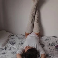 Rolling Cable Knit Thigh High Leg Warmers With Stirrups - Oatmeal Accessories