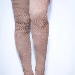 Rolling Cable Knit Thigh High Leg Warmers With Stirrups - Oatmeal Accessories