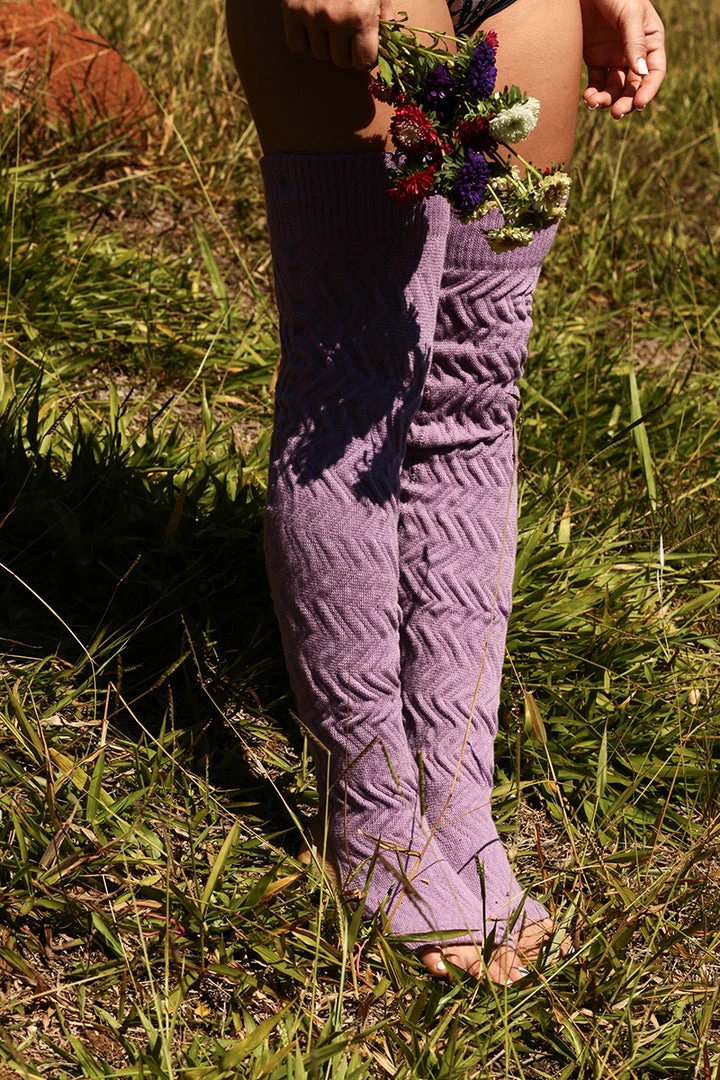 Rolling Cable Knit Thigh High Leg Warmers With Stirrups - Lavender Accessories 2 Rolling Cable Knit Thigh High Leg Warmers With Stirrups - Lavender Accessories