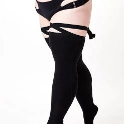Rolling Over The Knee Ribbon Socks - Black (3 Sizes Available) Accessories