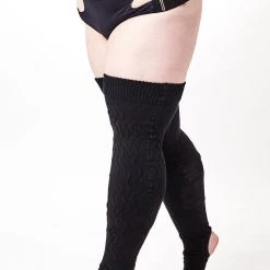 Rolling Cable Knit Thigh High Leg Warmers With Stirrups - Noir Accessories