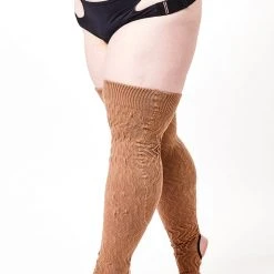 Rolling Cable Knit Thigh High Leg Warmers With Stirrups - Terra Accessories