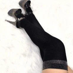 Lunalae Glimmer Band Thigh High Socks - Black/Silver