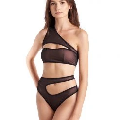 Hamade Activewear Asymmetric Mesh High Cut Bottoms - Black/Sand